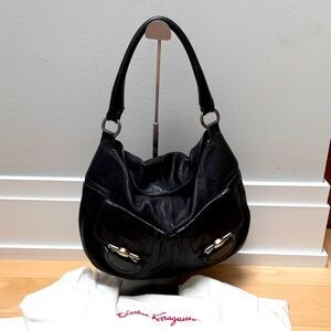 Salvatore Ferragamo Elegant Black Soft Leather Bag With Original Dust Bag.